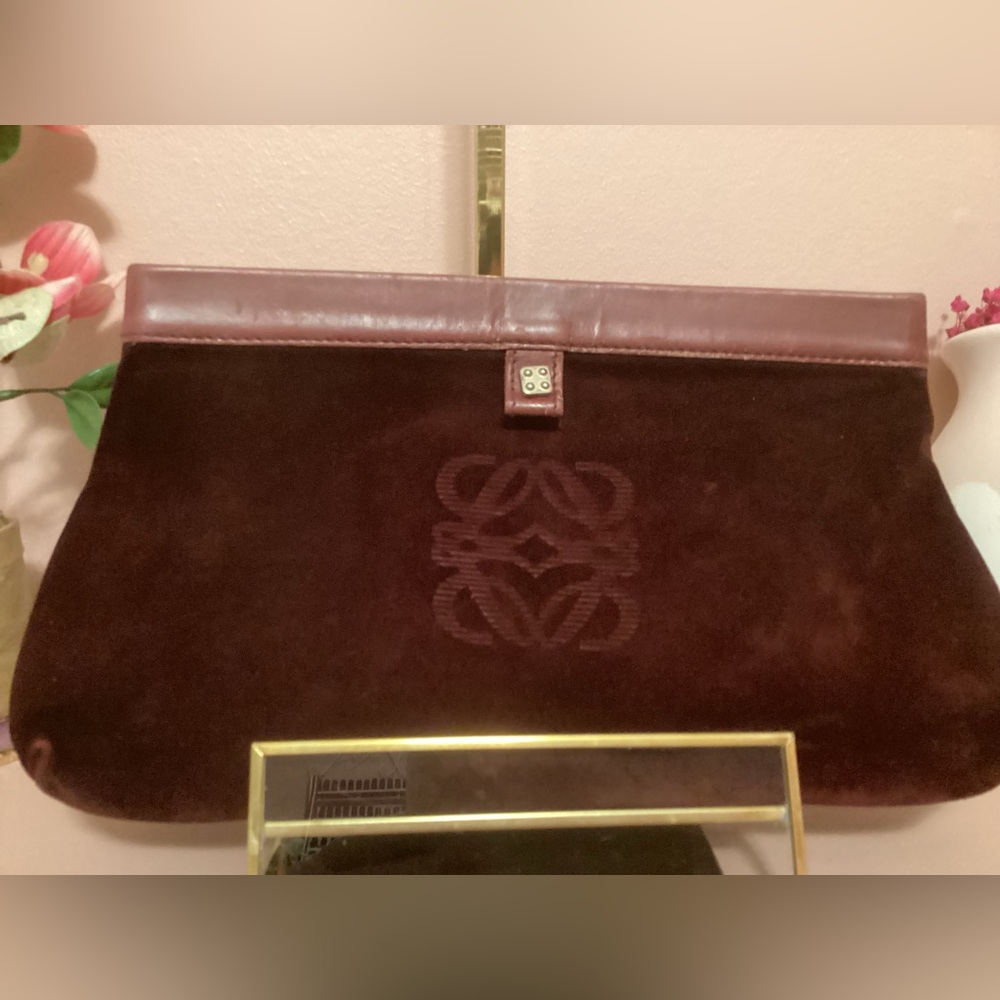 Loewe Burgundy Suede Clutch with Embossed Logo